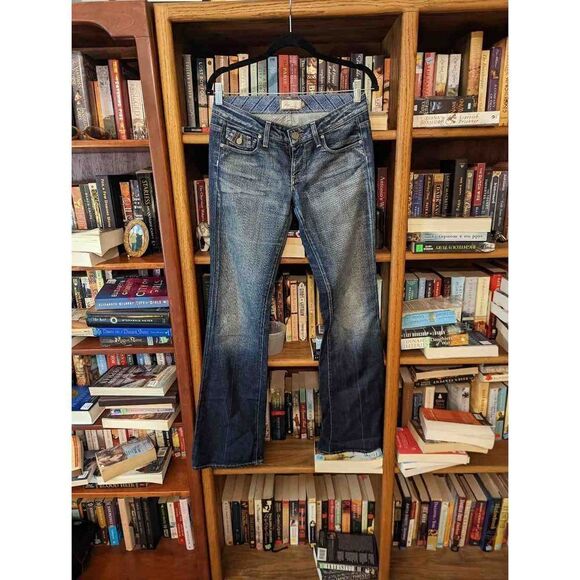 PAIGE sz 27 boot cut color distressed dark wash single button jeans euc - Picture 2 of 6